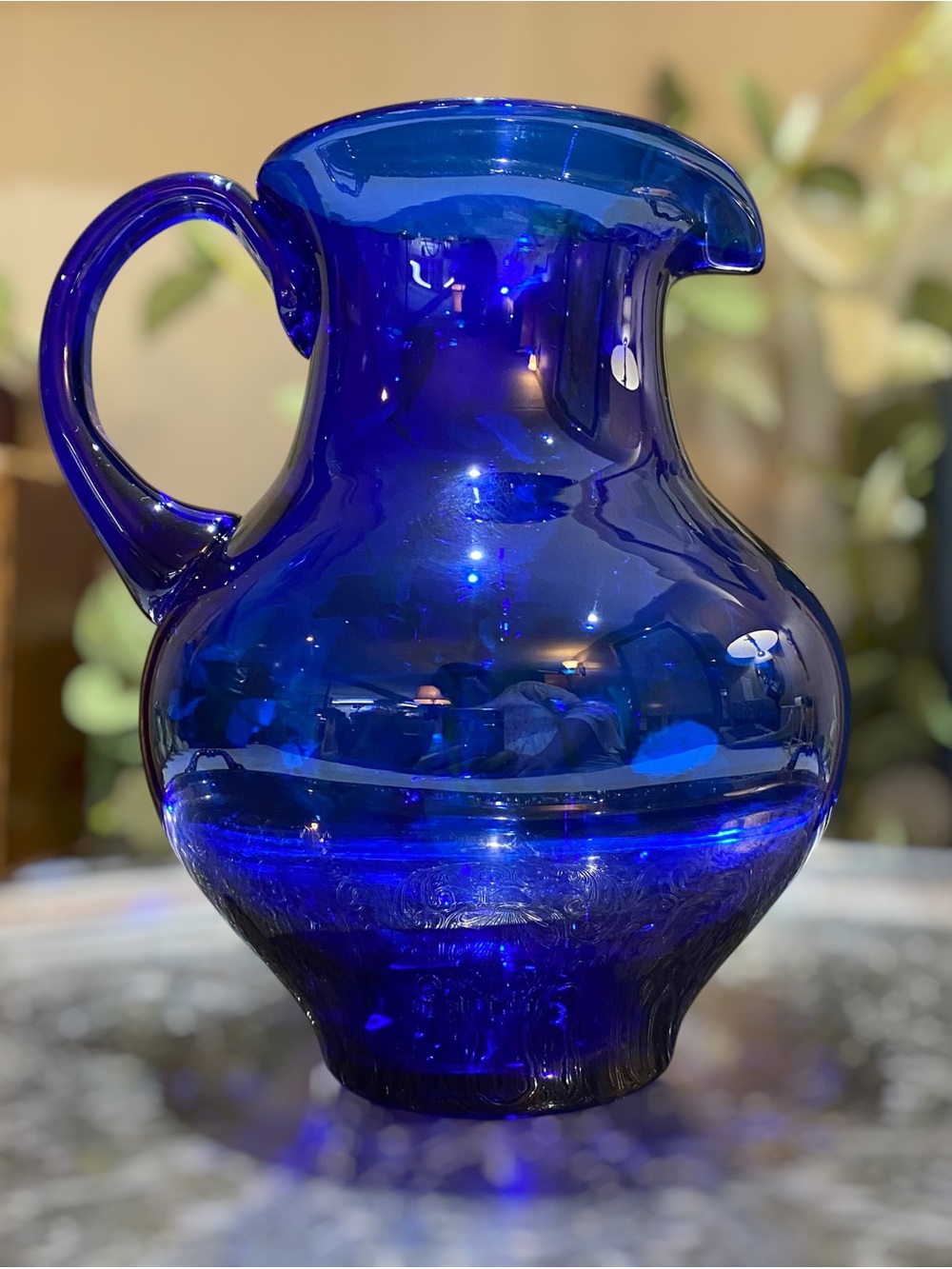 Vintage Signed Blenko Cobalt Blue Pitcher Art Glass Hand Blown Water Iced Tea